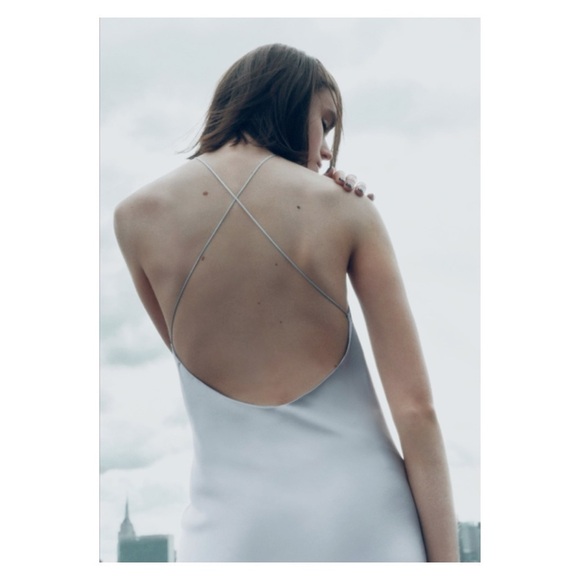 ZARA Light Blue Open Back Satin Midi Slip Dress Medium Blogger Favorite NWT Sexy - Picture 3 of 8